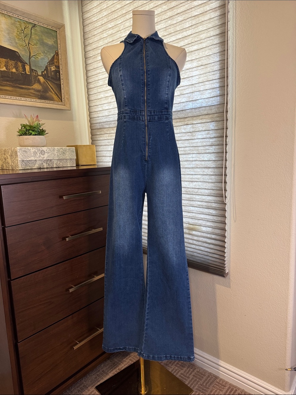Stretchy Halter Denim Jean Jumpsuit. Size Small